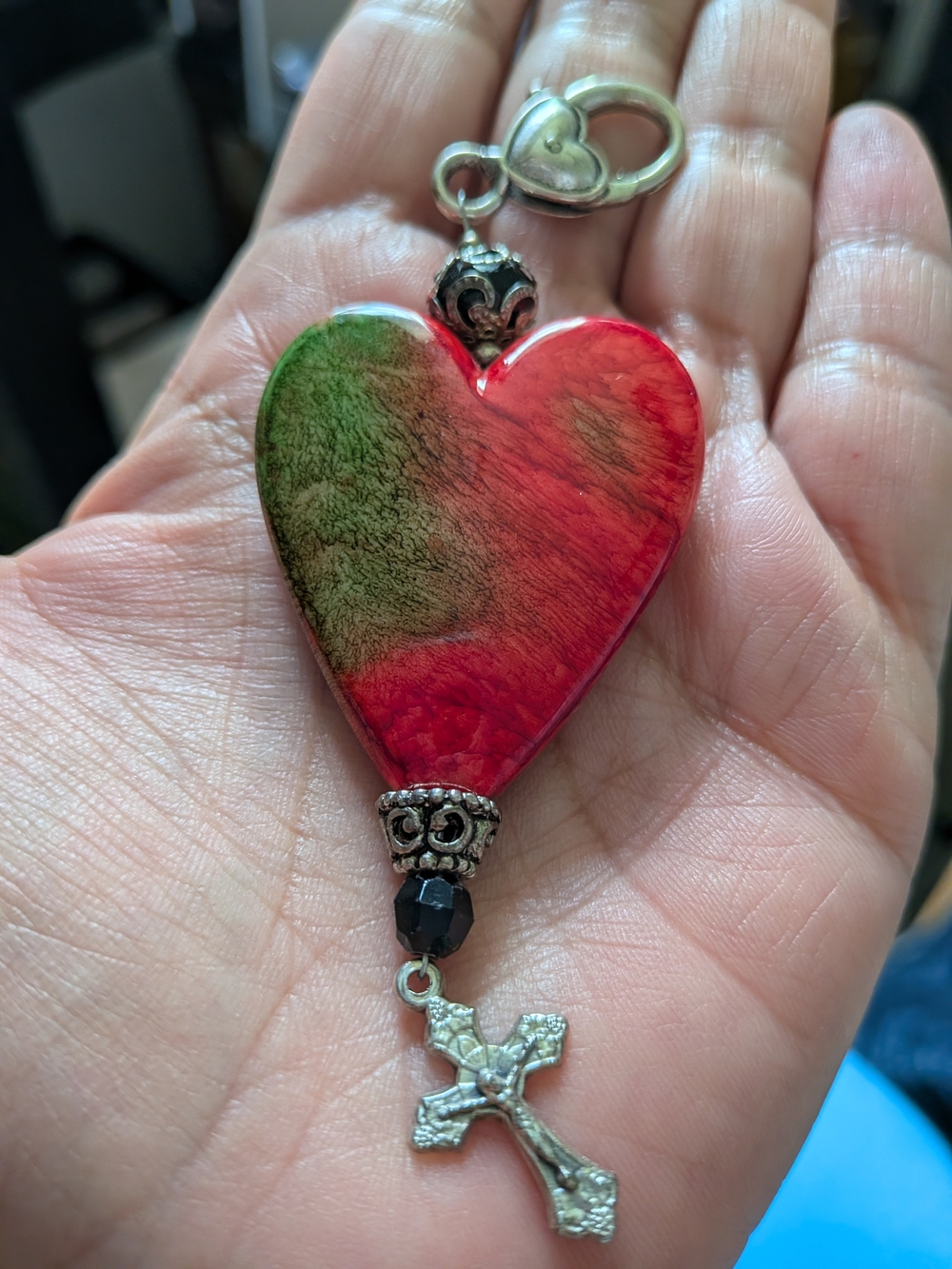 Resin Heart Cross Pendant Bag Charm  - Red & Green